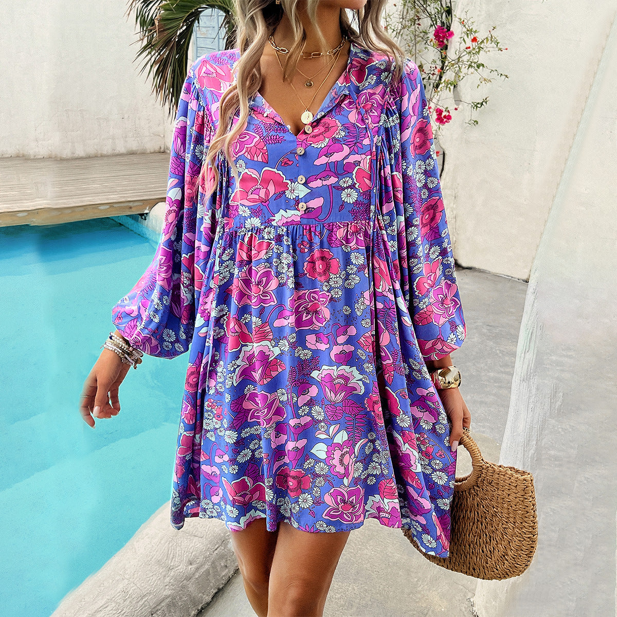 Bohemian Floral Long Sleeve Dress in Polyester Casual V-Neck