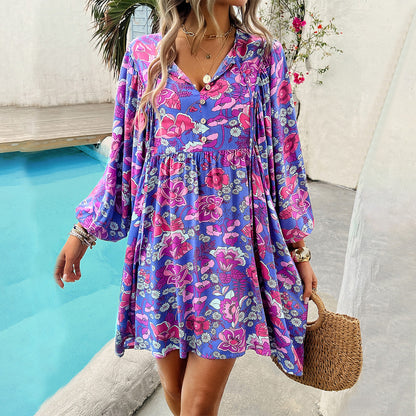 Bohemian Floral Long Sleeve Dress in Polyester Casual V-Neck