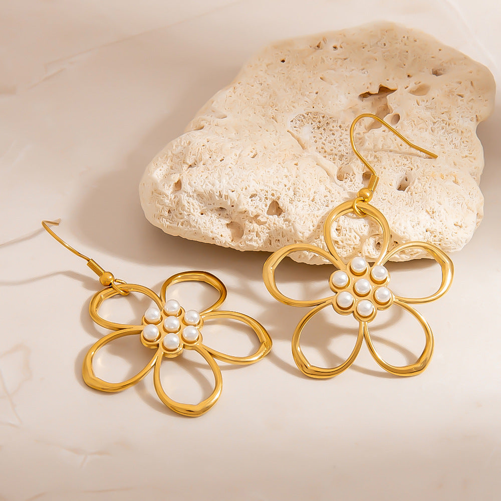 Stylish Floral Hollow Stainless Steel Pearl Drop Earrings