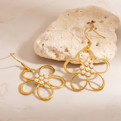 Stylish Floral Hollow Stainless Steel Pearl Drop Earrings
