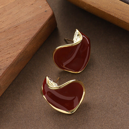 Burgundy Geometric Drip Glaze Ear Studs Vintage Style Earrings