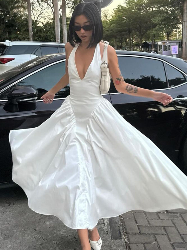 Deep V Lace Hollow-Out Maxi Dress Elegant Casual Dress