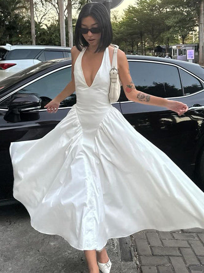 Deep V Lace Hollow-Out Maxi Dress Elegant Casual Dress