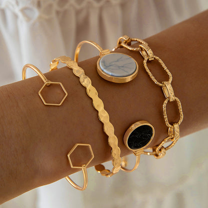 Vintage Geometric Open-Cuff Gold Bracelet Set