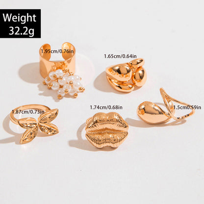 Geometric Statement Lip Alloy Pearl Ring Set