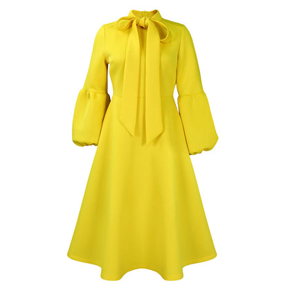 Elegant High-Waisted Dress With Puff Sleeves And Flared Skirt
