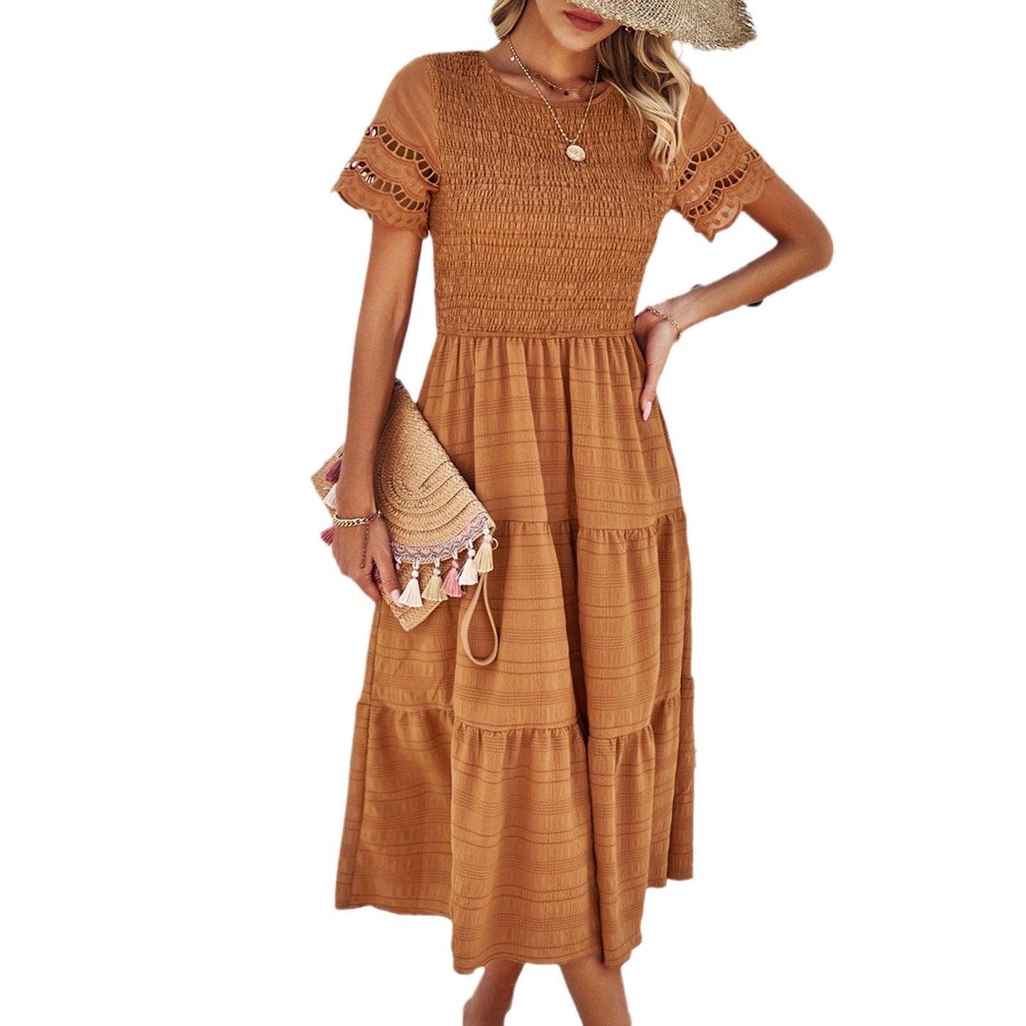 Casual Solid Color A-Line Dress with Short Sleeves
