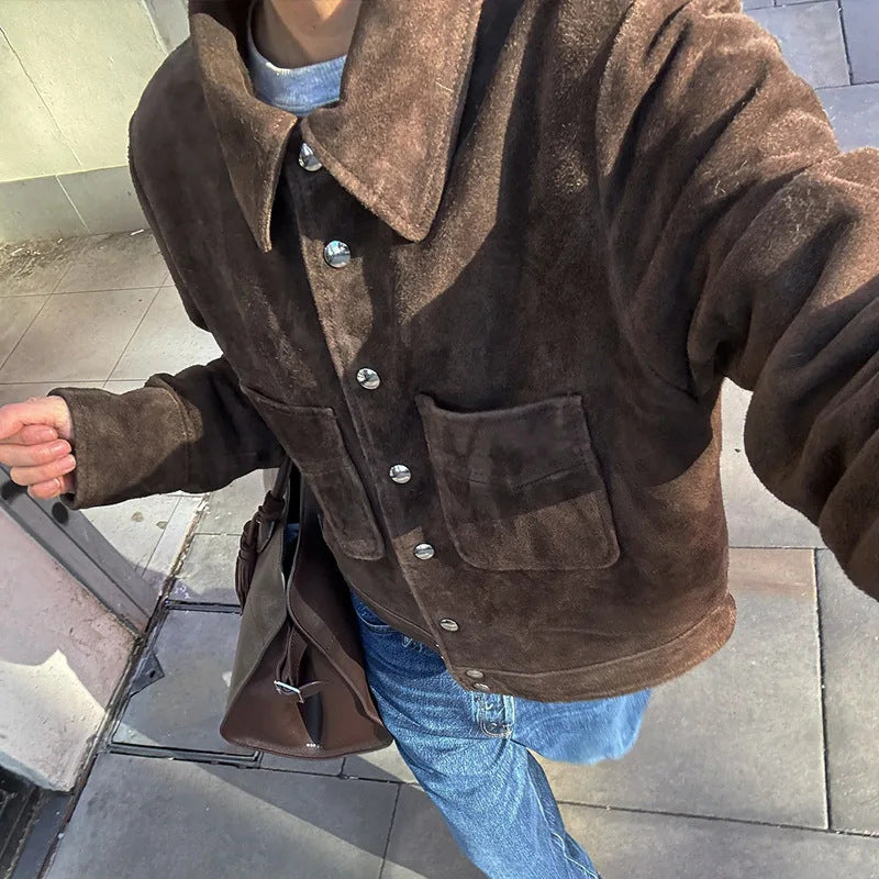 Casual Lapel Collar Suede Single Button Cropped Coat