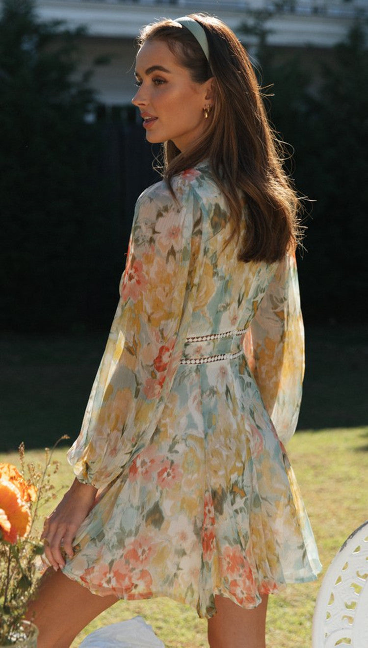 Fashion Printed V-Neck Bubble Sleeve Lace Patchwork Large Swing Dress