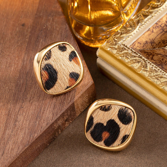 18K Gold Plated Natural Horsehair Leopard Print Geometric Stud Earrings