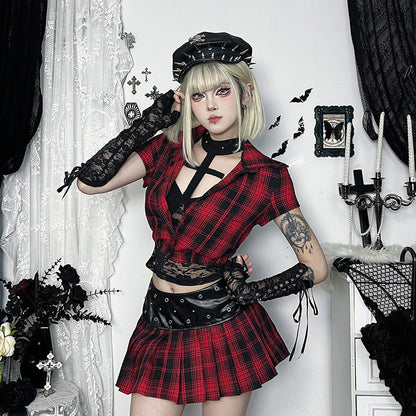 Dark Red Plaid Short Sleeve Top Comfortable Casual Style