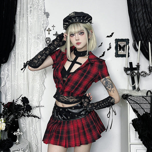 Dark Red Plaid Short Sleeve Top Comfortable Casual Style