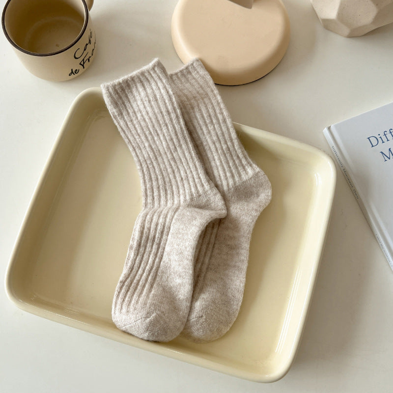Solid Color Striped Thicken Plush Wool Crew Socks