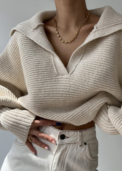 Oversized Ribbed Knit Sweater With Collar