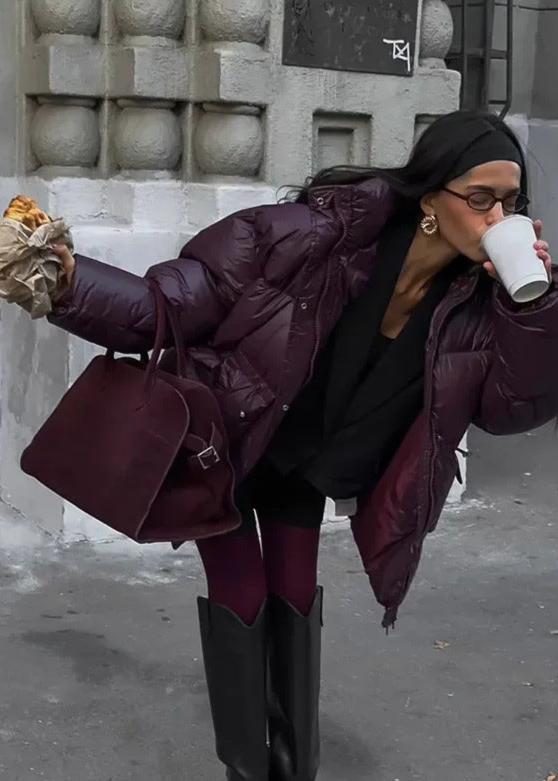 Oversized Puffer Jacket Glossy Plum Material