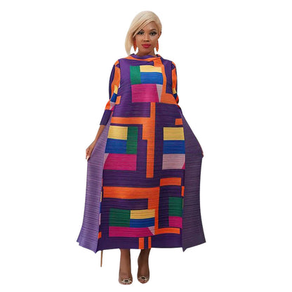 Fashionable Pleated Dress With Round Neck Print