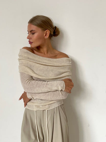 Off-Shoulder Knit Top Solid Color Slim Fit Long Sleeve Sweater