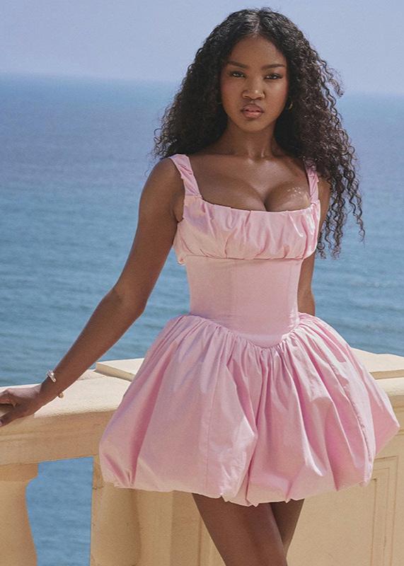Bubble Skirt Mini Dress Pink Polyester
