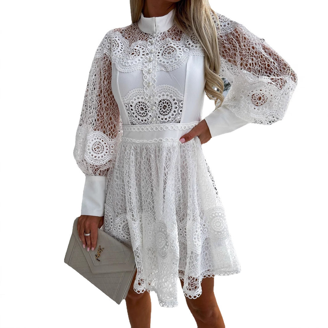 Elegant Lace Long Sleeve Dress with Ruffled Detail