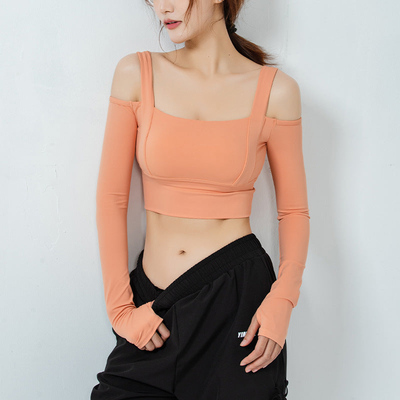 Tight All-In-One Yoga Suit Long-Sleeved Off-The-Shoulder Sports Top Women'S Gym Running T-Shirt