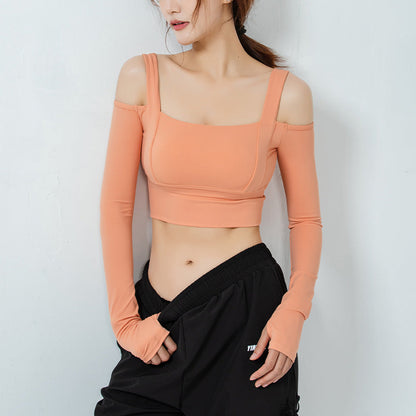 Tight All-In-One Yoga Suit Long-Sleeved Off-The-Shoulder Sports Top Women'S Gym Running T-Shirt