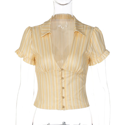 Vintage French Style Button-Up Short Sleeve T-Shirt
