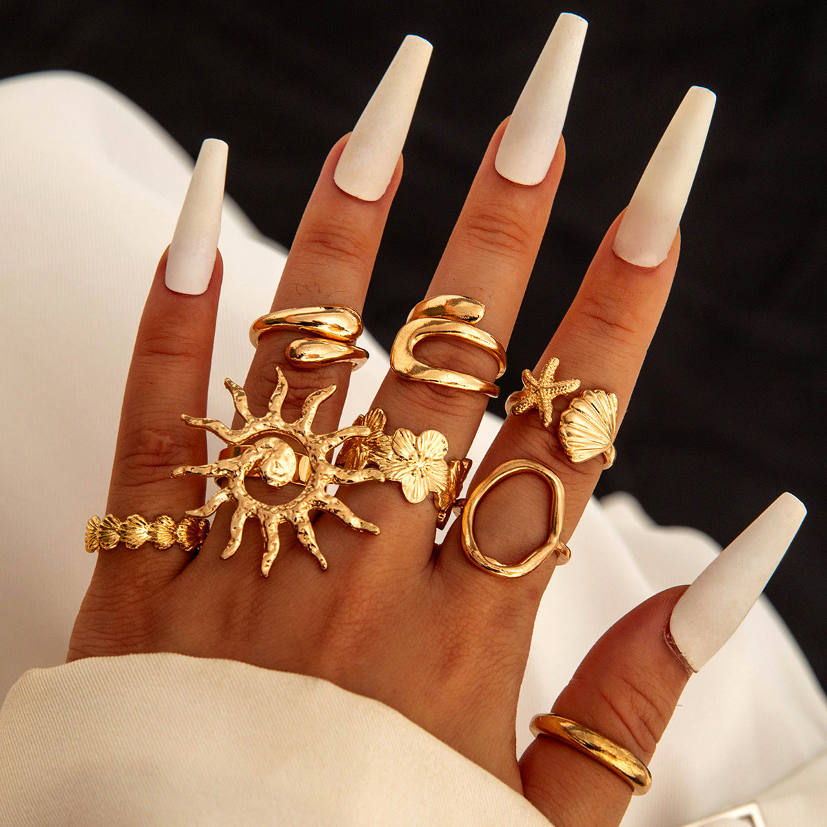 Irregular Pearl Ring Set Trendy Gold Retro Geometric Statement Rings