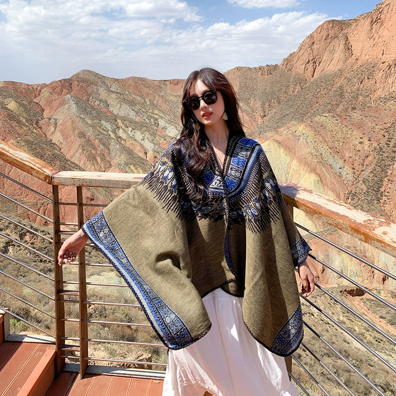 Tibetan Great Retro Totem Red Warm Outer Shawl Women'S Scarf Autumn And Winter Cloak Big Cloak