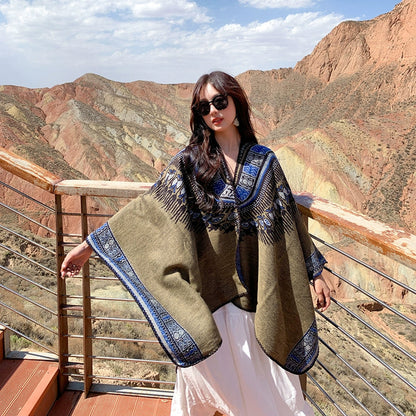 Tibetan Great Retro Totem Red Warm Outer Shawl Women'S Scarf Autumn And Winter Cloak Big Cloak