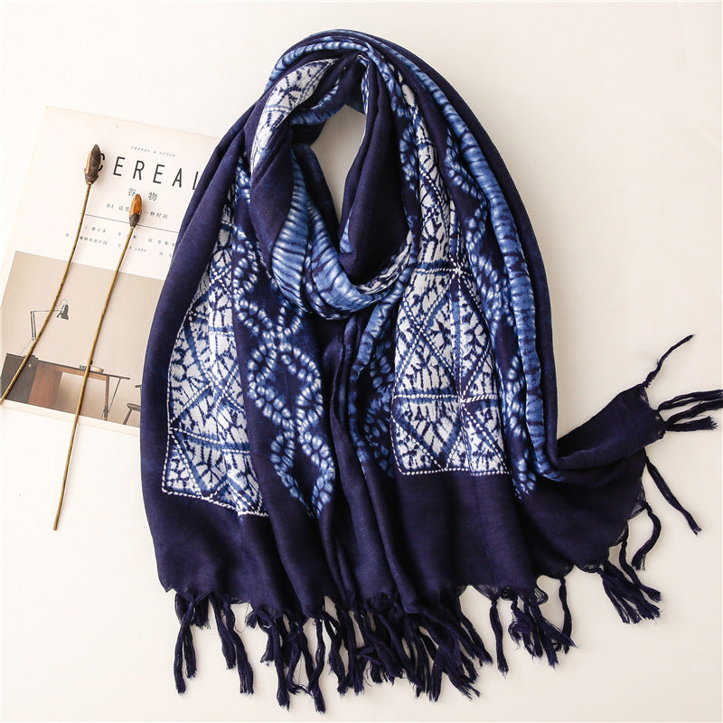 Dyed Blue And White Porcelain Series Cotton And Linen Scarf Travel Shawl Literary Accessories
