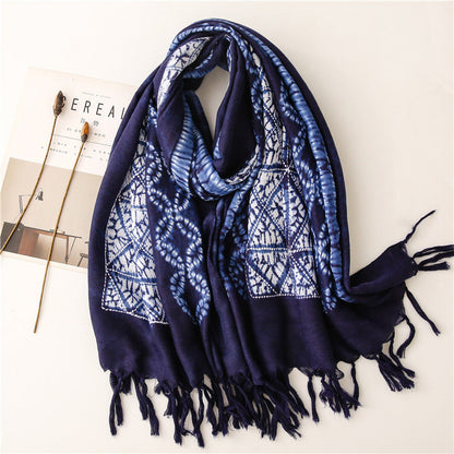 Dyed Blue And White Porcelain Series Cotton And Linen Scarf Travel Shawl Literary Accessories