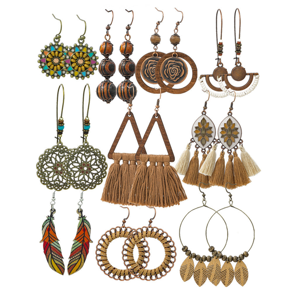Bohemian Leaf Tassel Earrings Metal Leather Drop Dangle