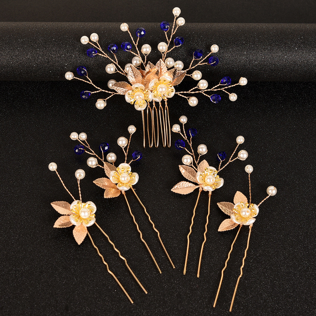 5-Piece Vintage Bridal Hair Clips with Pearls and Gold Leaves