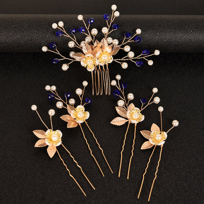 5-Piece Vintage Bridal Hair Clips with Pearls and Gold Leaves
