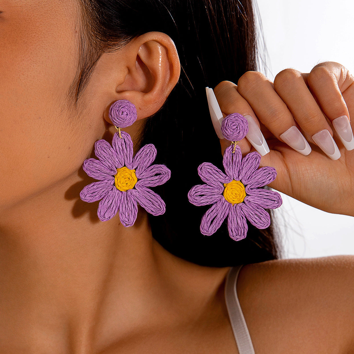 Handmade Woven Raffia Vacation Earrings Floral Design