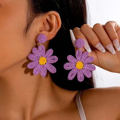 Handmade Woven Raffia Vacation Earrings Floral Design