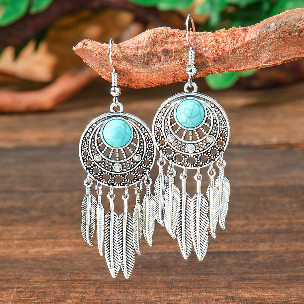Geometric Turquoise Fringe Earrings Set Bohemian Style