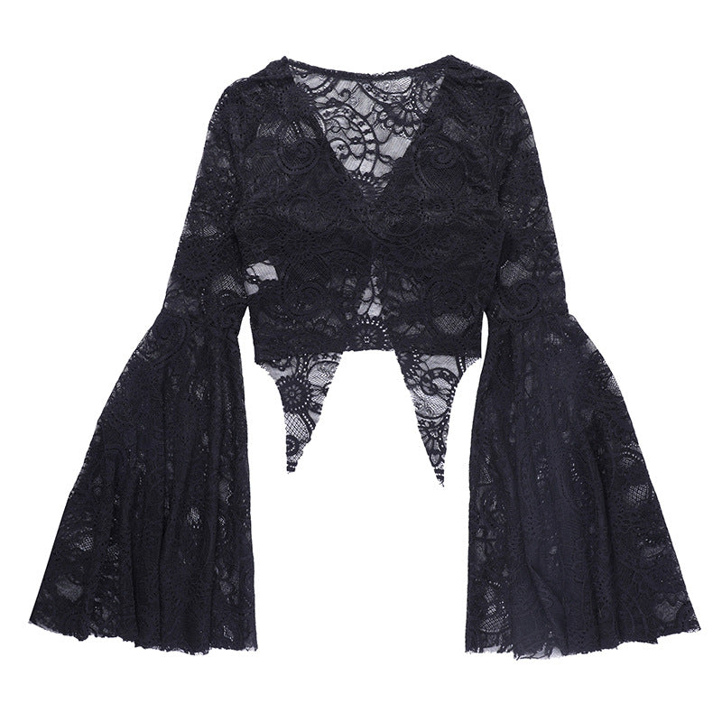 Sexy Lace V-Neck Crop Top with Flared Sleeves
