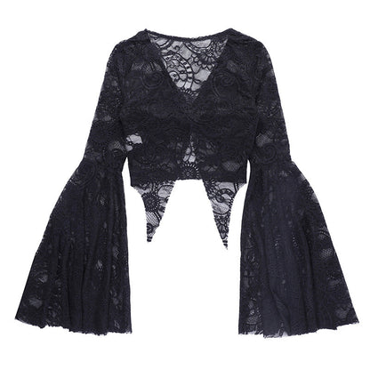 Sexy Lace V-Neck Crop Top with Flared Sleeves