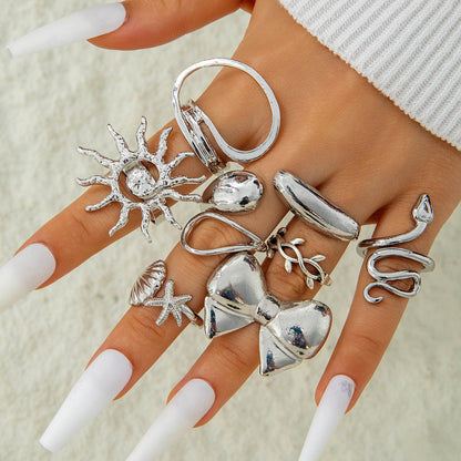 Bohemian Pearl Flower Ring Set Alloy Plating Metal Rings
