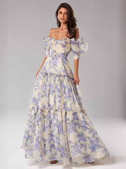 Off-Shoulder Chiffon Evening Gown with 3D Floral Design