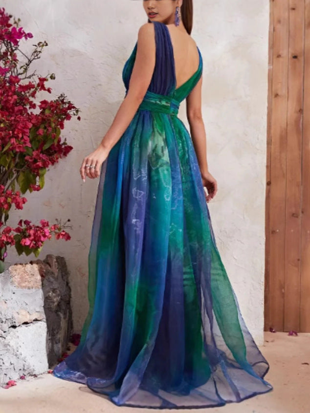 Floral Print Deep V-Neck Chiffon Maxi Dress For Women