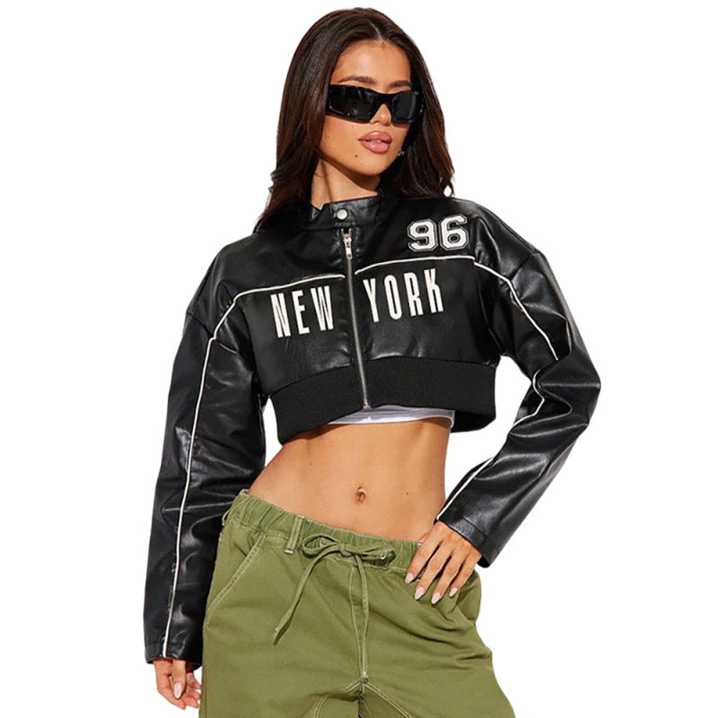 Trendy Zip-Up Faux Leather Jacket With Print For Women