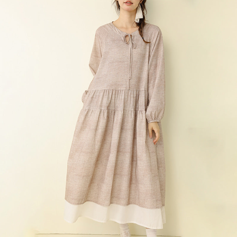 Polka Dot Long Cotton-Linen Dress Casual A-Line Dress