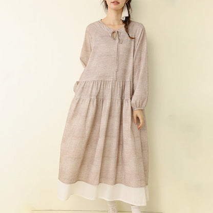 Polka Dot Long Cotton-Linen Dress Casual A-Line Dress