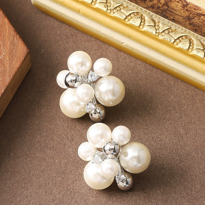 French Elegant Pearl Floral Stud Earrings For Women