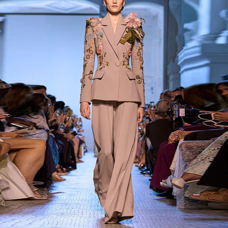 Beaded Floral Jacket and Wide Leg Pants Set