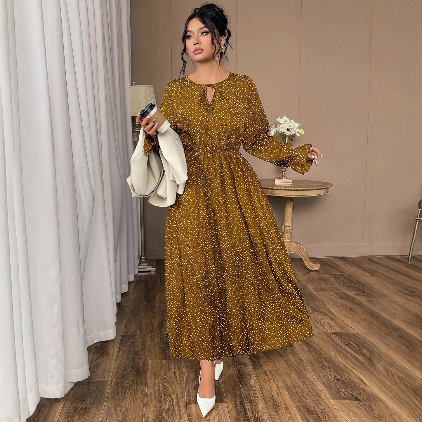 Plus Size Polka Dot Chiffon Dress with Flared Sleeves