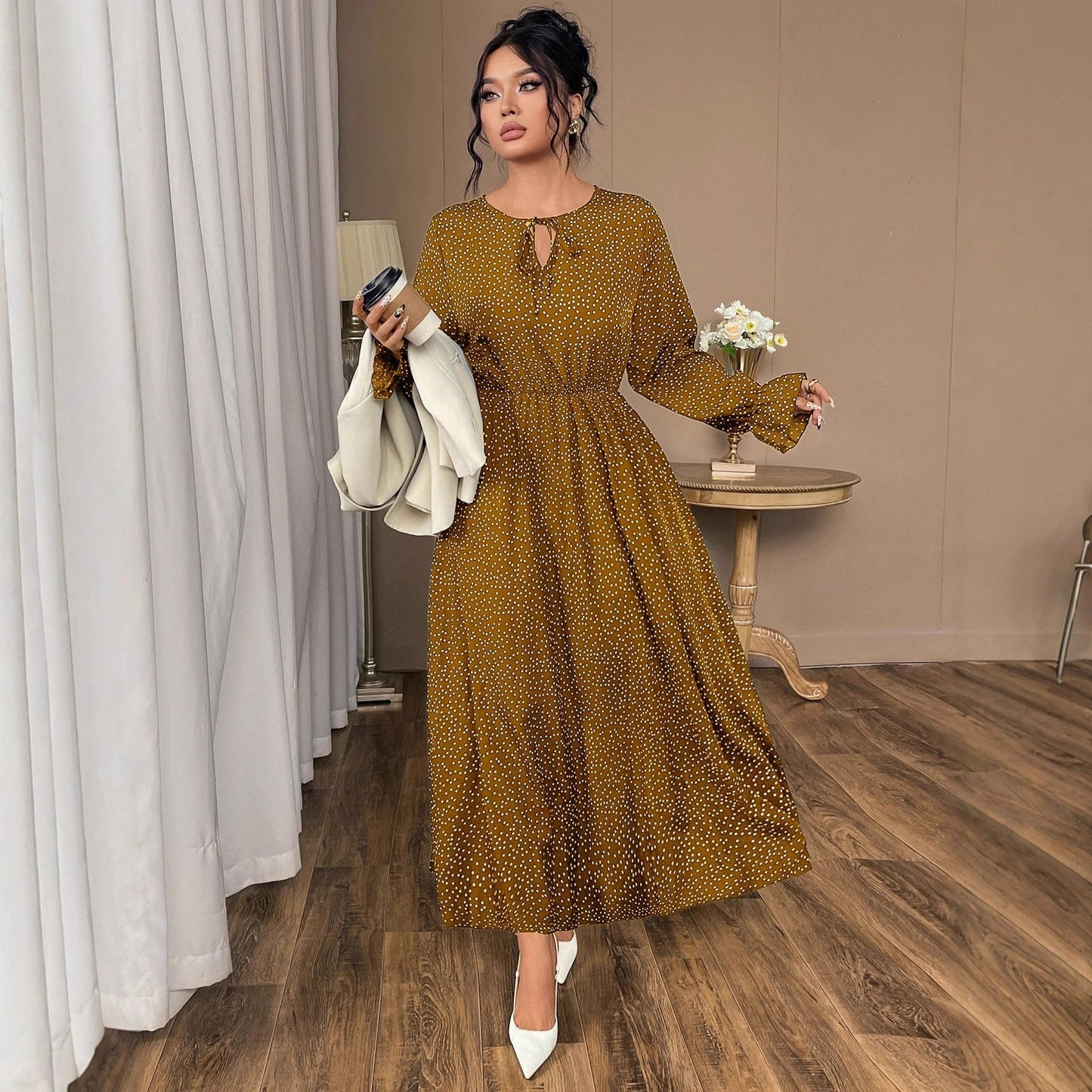 Plus Size Polka Dot Chiffon Dress With Flared Sleeves