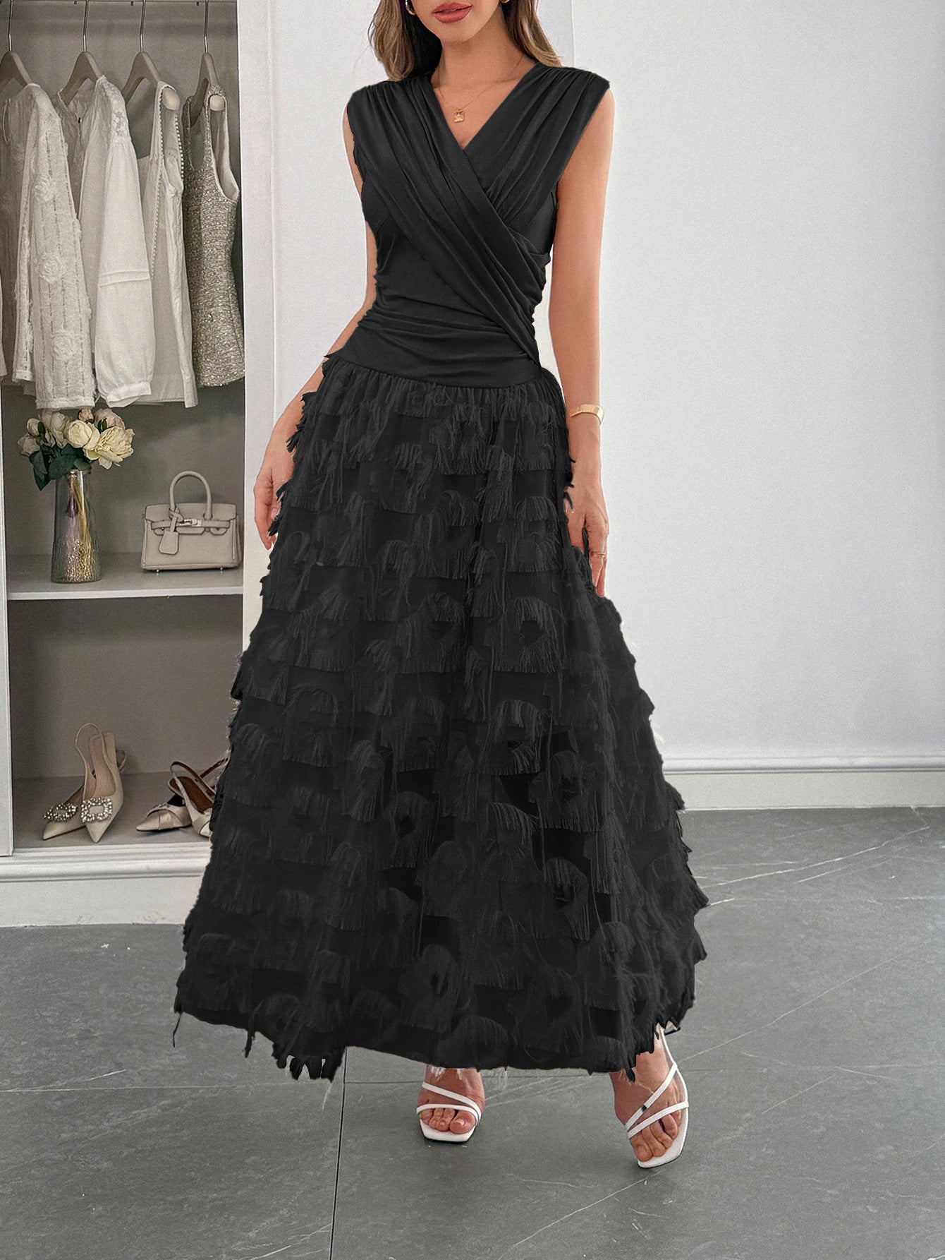 Elegant A-Line Maxi Dress Casual Polyester V Neck Dress